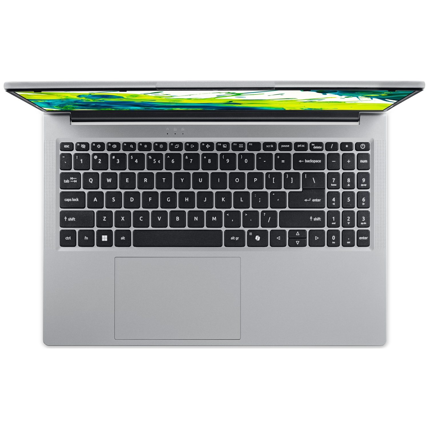 Een zilveren laptop met open deksel. Het toetsenbord is zichtbaar, met een groen en geel patroon op het scherm.