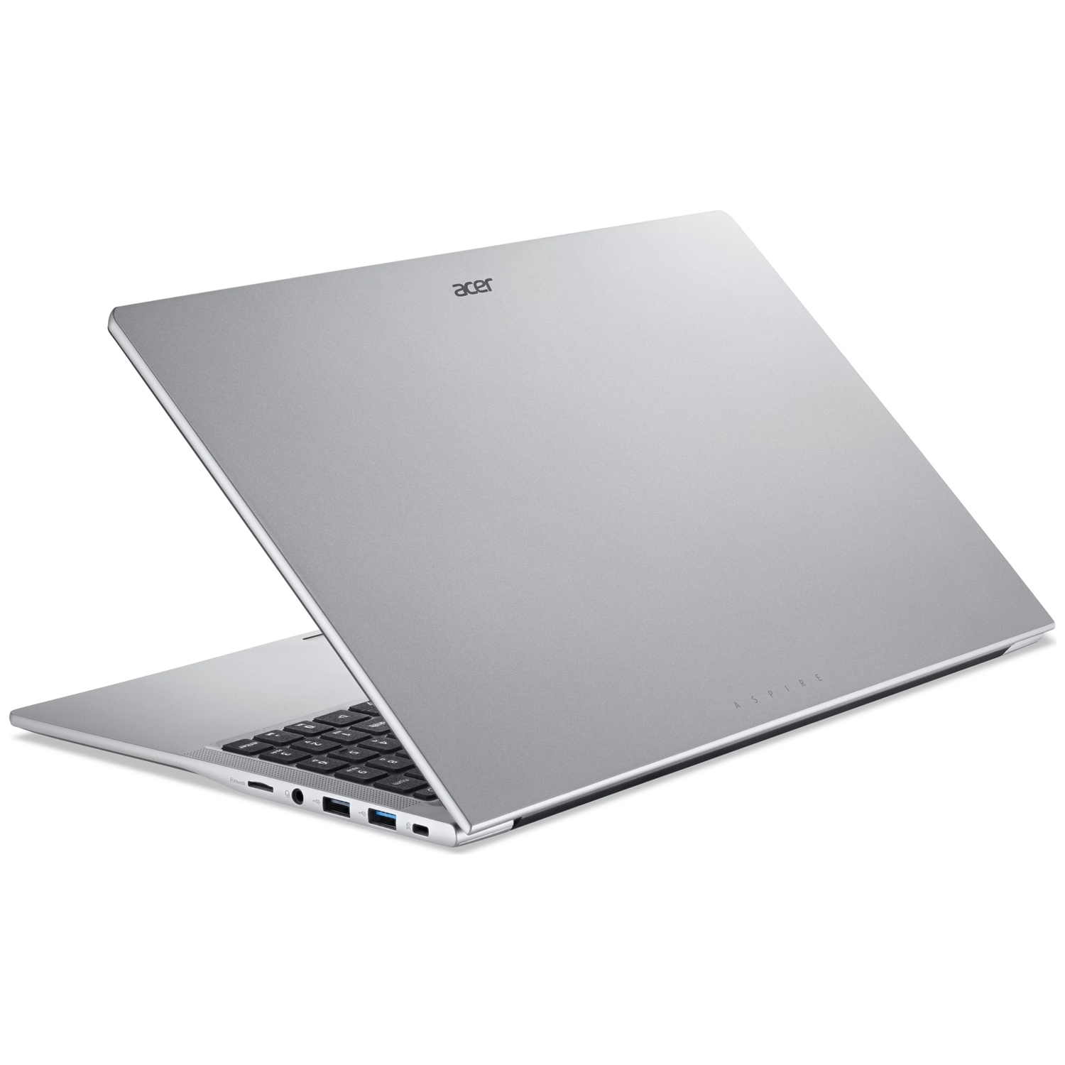 Een zilverkleurige Acer Aspire laptop, van boven schuin getoond op een witte achtergrond.