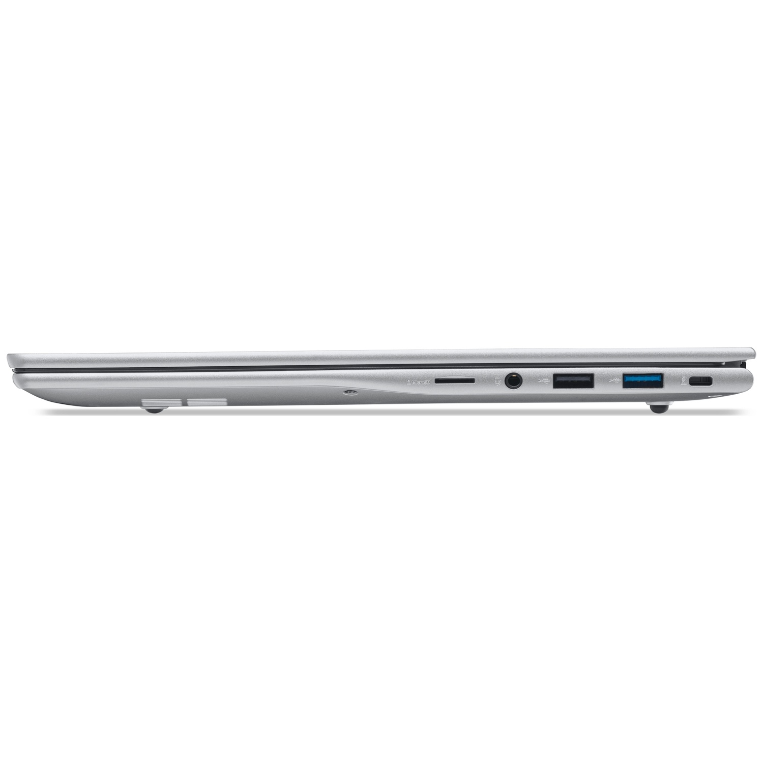 Zilveren laptoprand met poorten: SD-kaart, koptelefoon, USB-A, USB-C, HDMI.