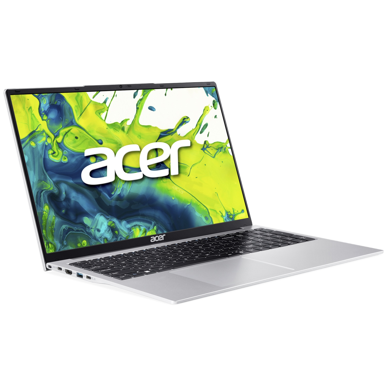 Een zilveren Acer laptop is open, met een kleurrijke achtergrond op het scherm.