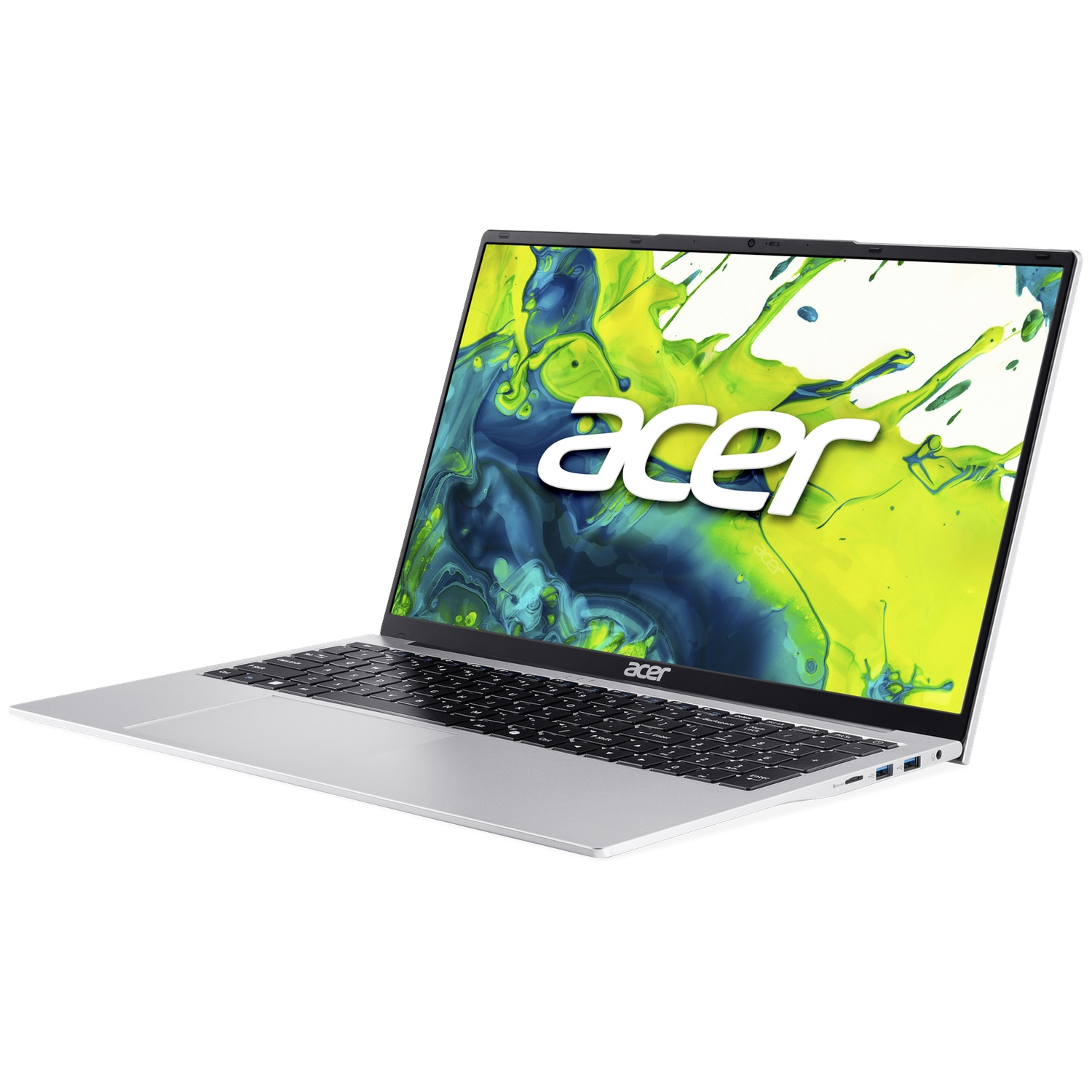 Een zilveren Acer laptop met een kleurrijk spatiescherm op het display.