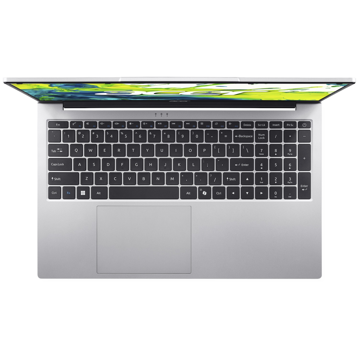 Een zilveren laptop met open display, die een kleurrijk beeld toont.