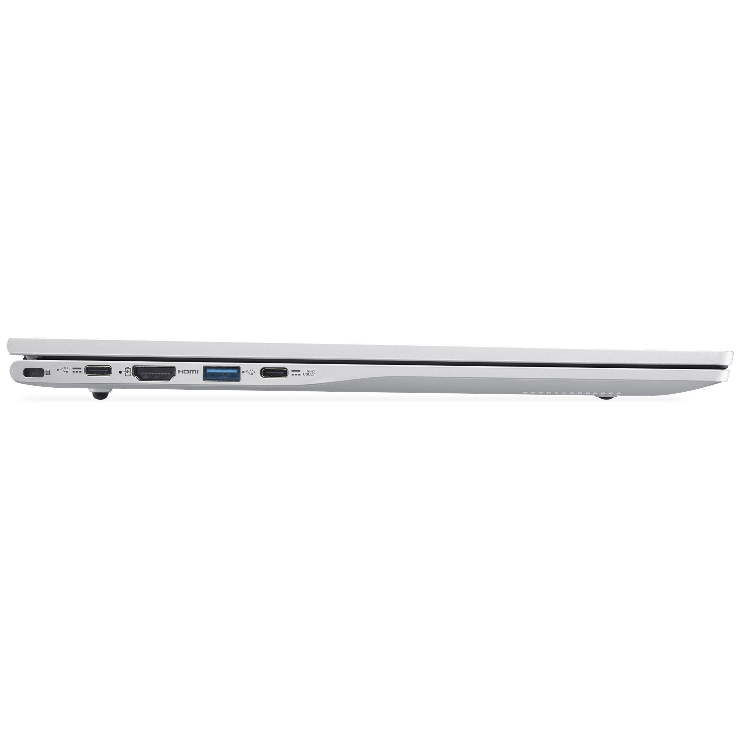 Close-up van de zijkant van een zilveren laptop met poorten zoals USB-C, HDMI en USB-A.