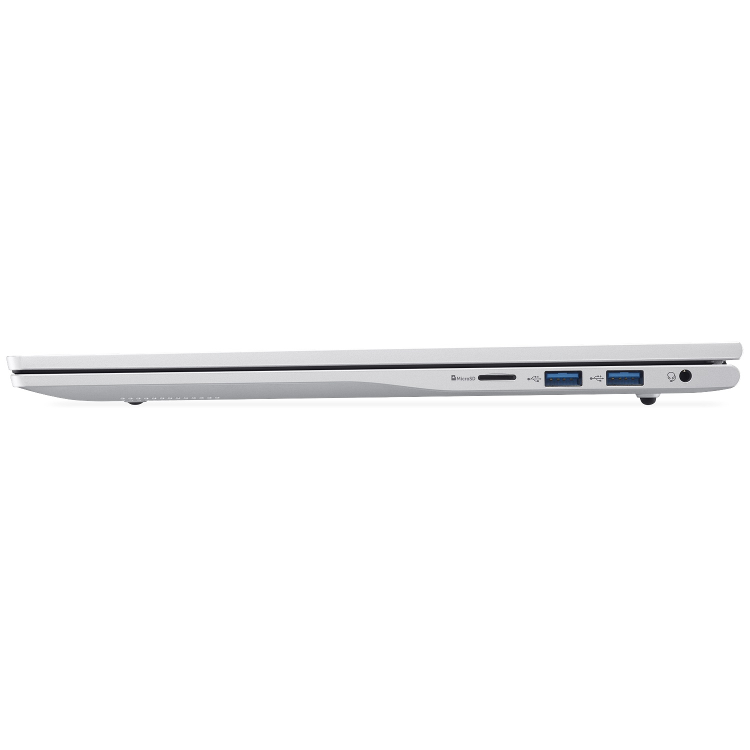 Zilveren laptop zijaanzicht met MicroSD, USB-poorten en koptelefoonaansluiting.