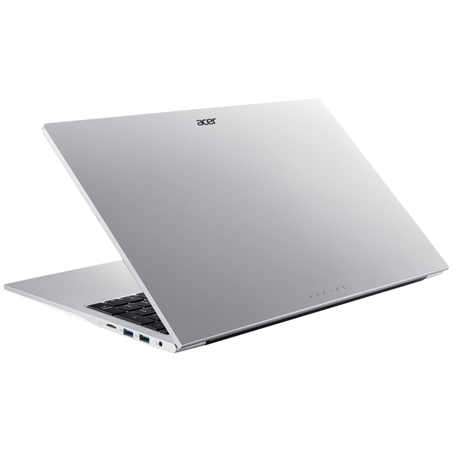 Een zilveren Acer Aspire laptop is open, met zichtbaar toetsenbord en poorten.