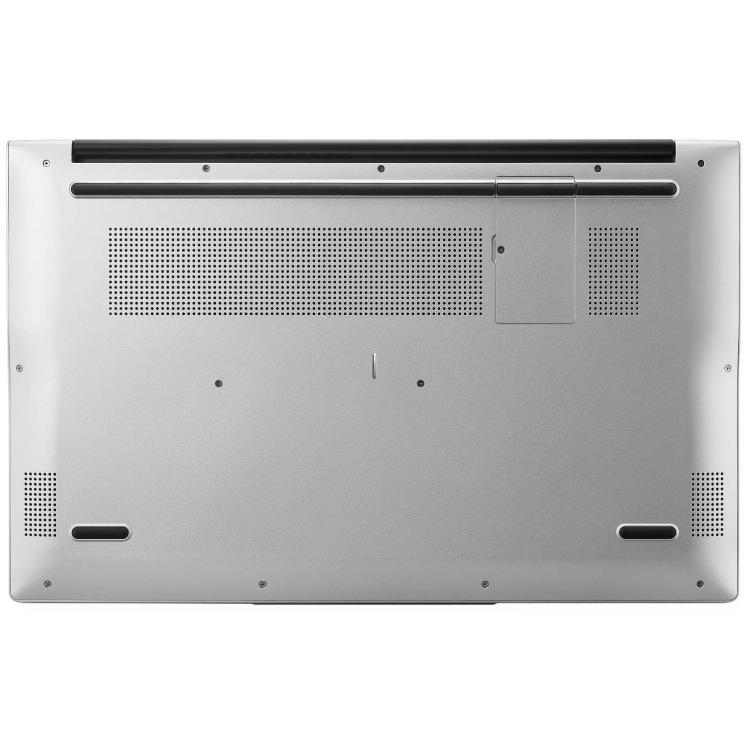 Onderkant van een zilveren laptop, met ventilatieopeningen en schroeven.