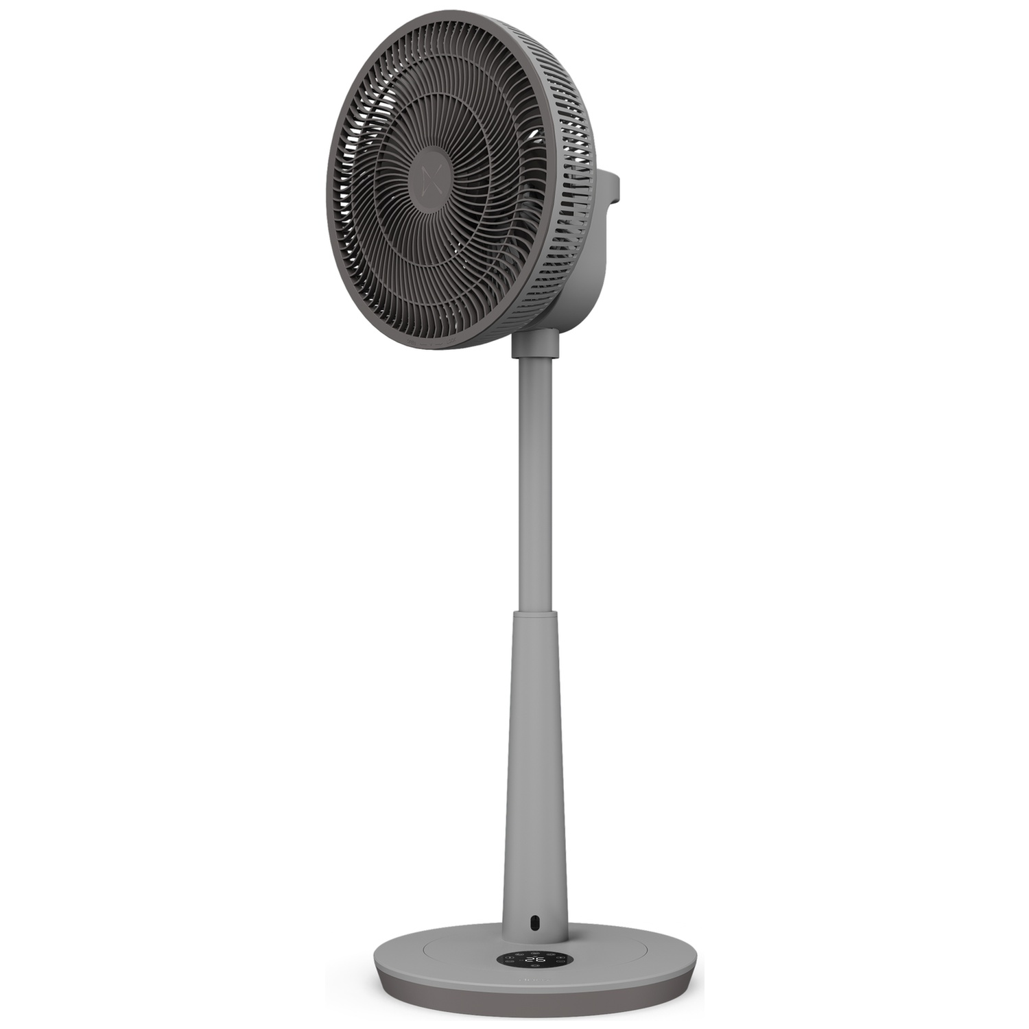 Un ventilateur sur pied gris avec une base ronde et un écran numérique.