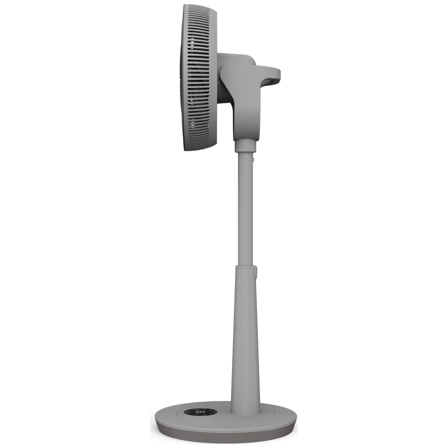 Ventilateur sur pied gris avec base ronde et écran digital.