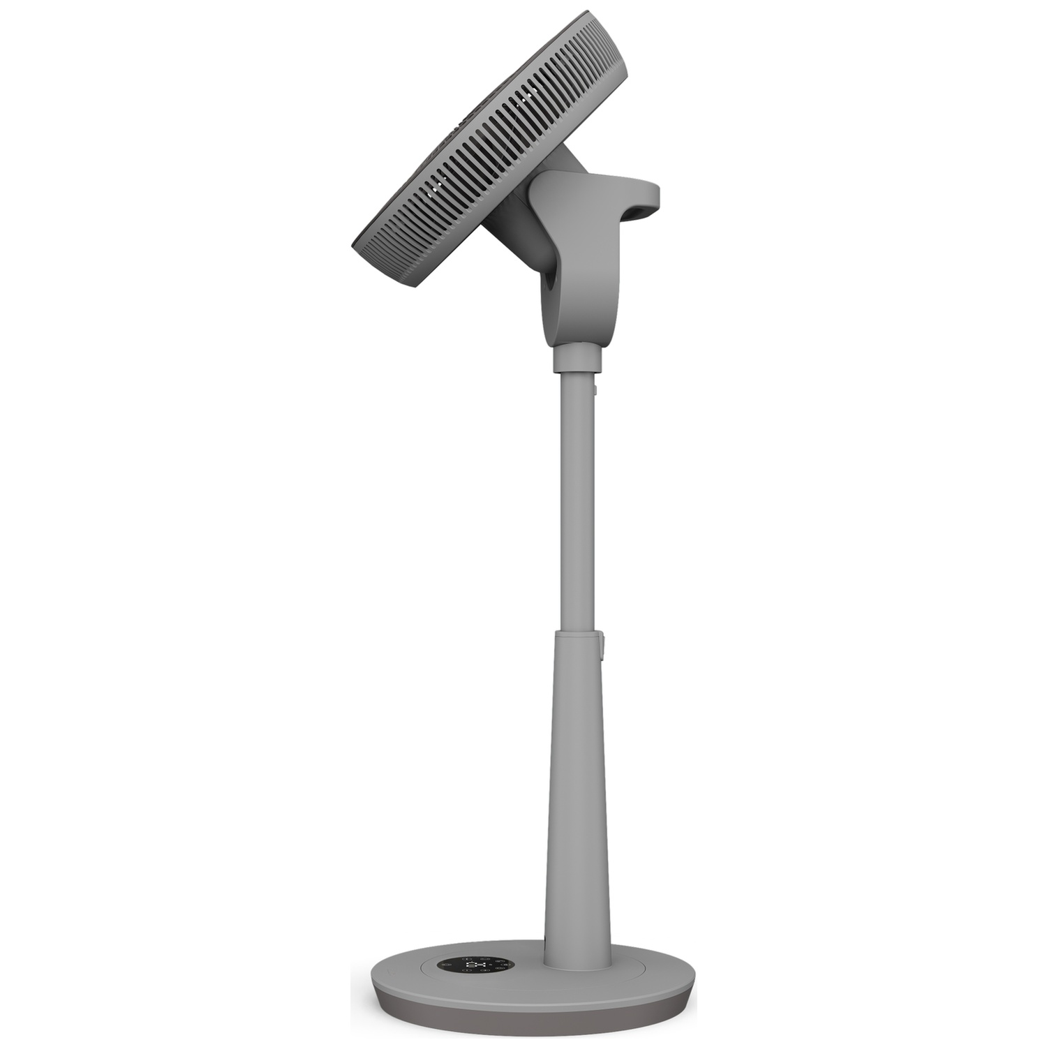 Un ventilateur sur pied gris avec une base ronde et un écran.
