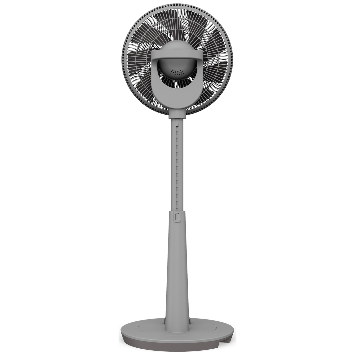 Un ventilateur sur pied gris avec une base ronde et un support réglable.