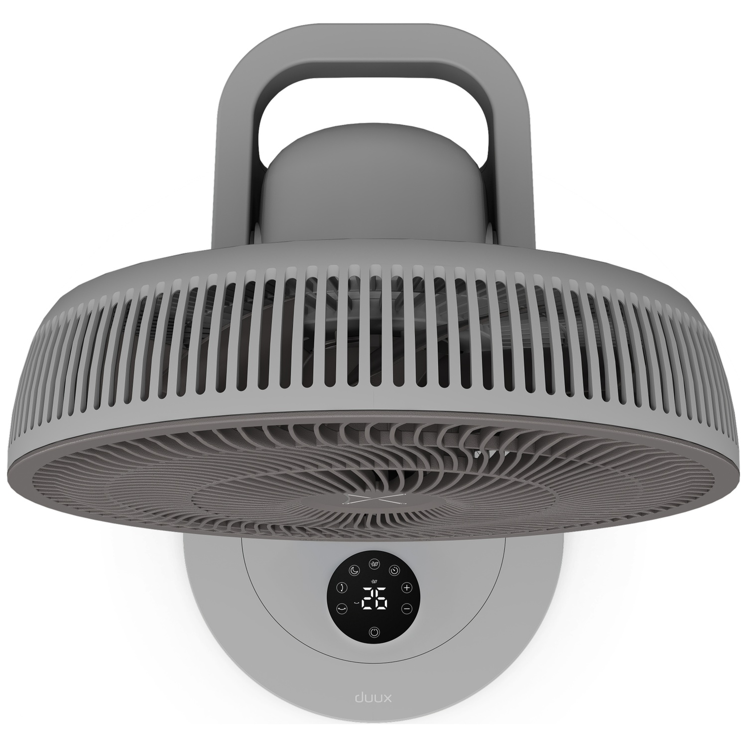 Ventilateur gris avec poignée et écran numérique, sur fond blanc.