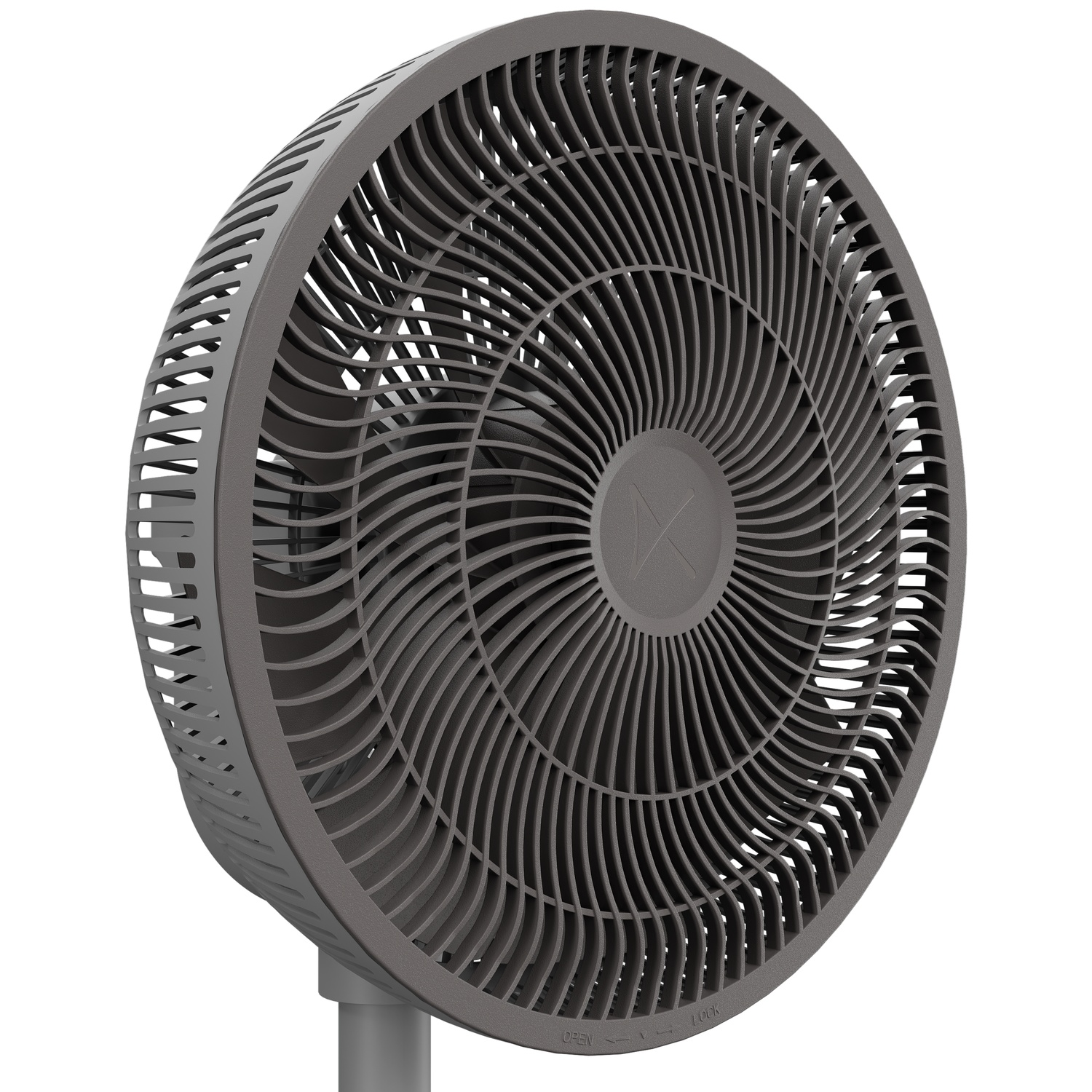 Ventilateur gris avec grille incurvée et base ouverte.