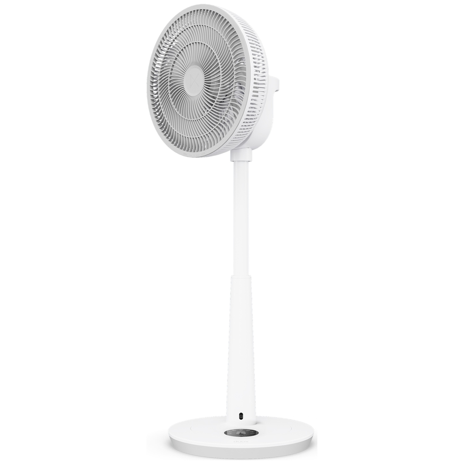 Un ventilateur sur pied blanc avec une base ronde et un écran numérique.