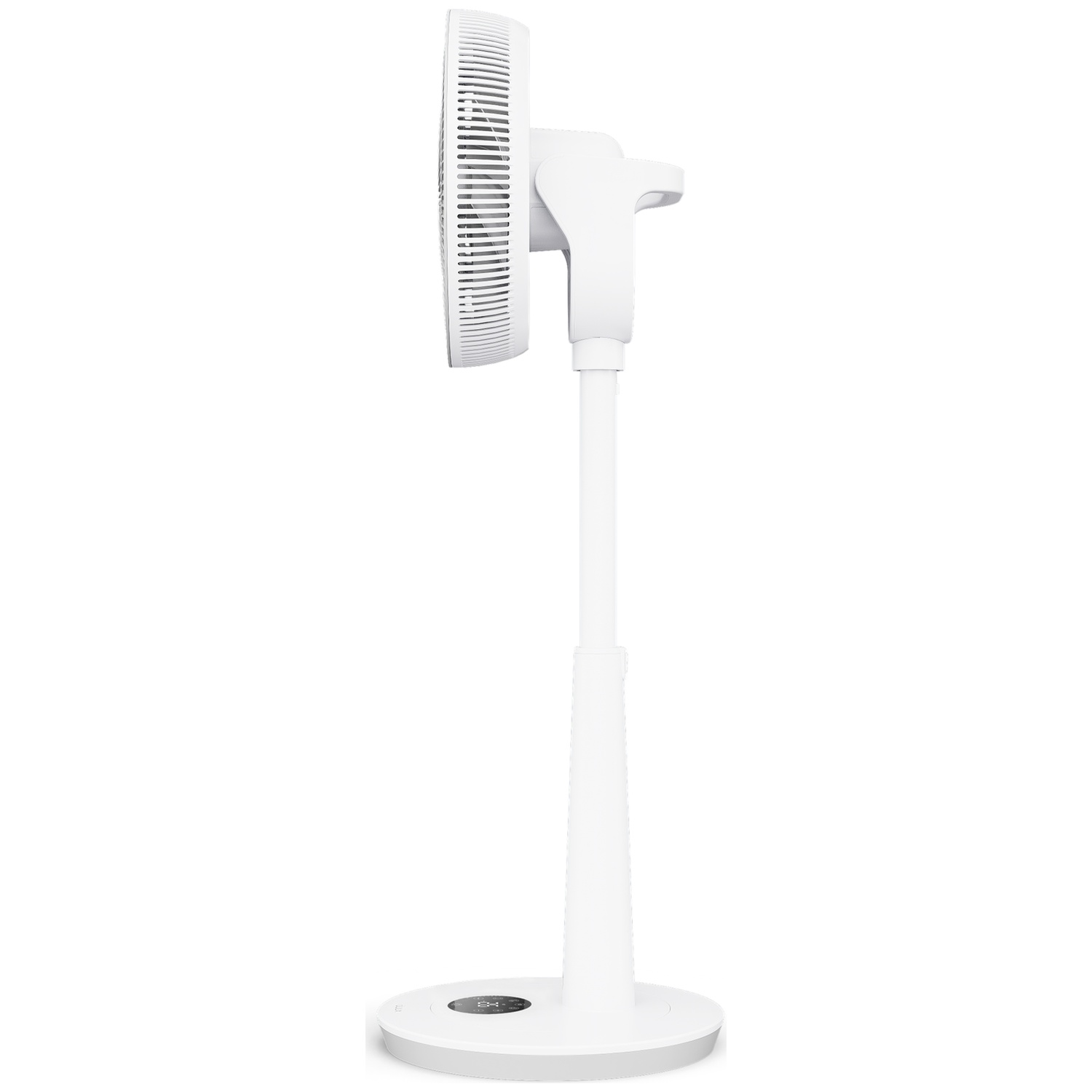 Un ventilateur sur pied blanc avec une base ronde et un écran.