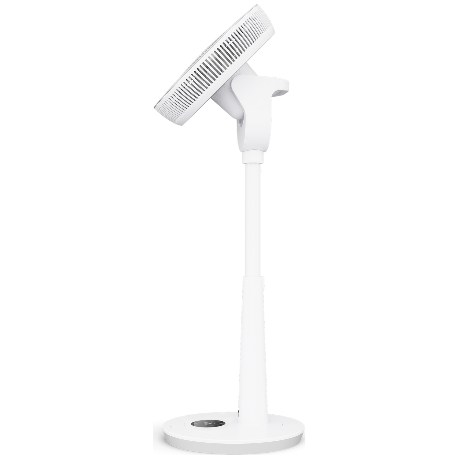 Un ventilateur sur pied blanc avec une base ronde et un écran numérique.
