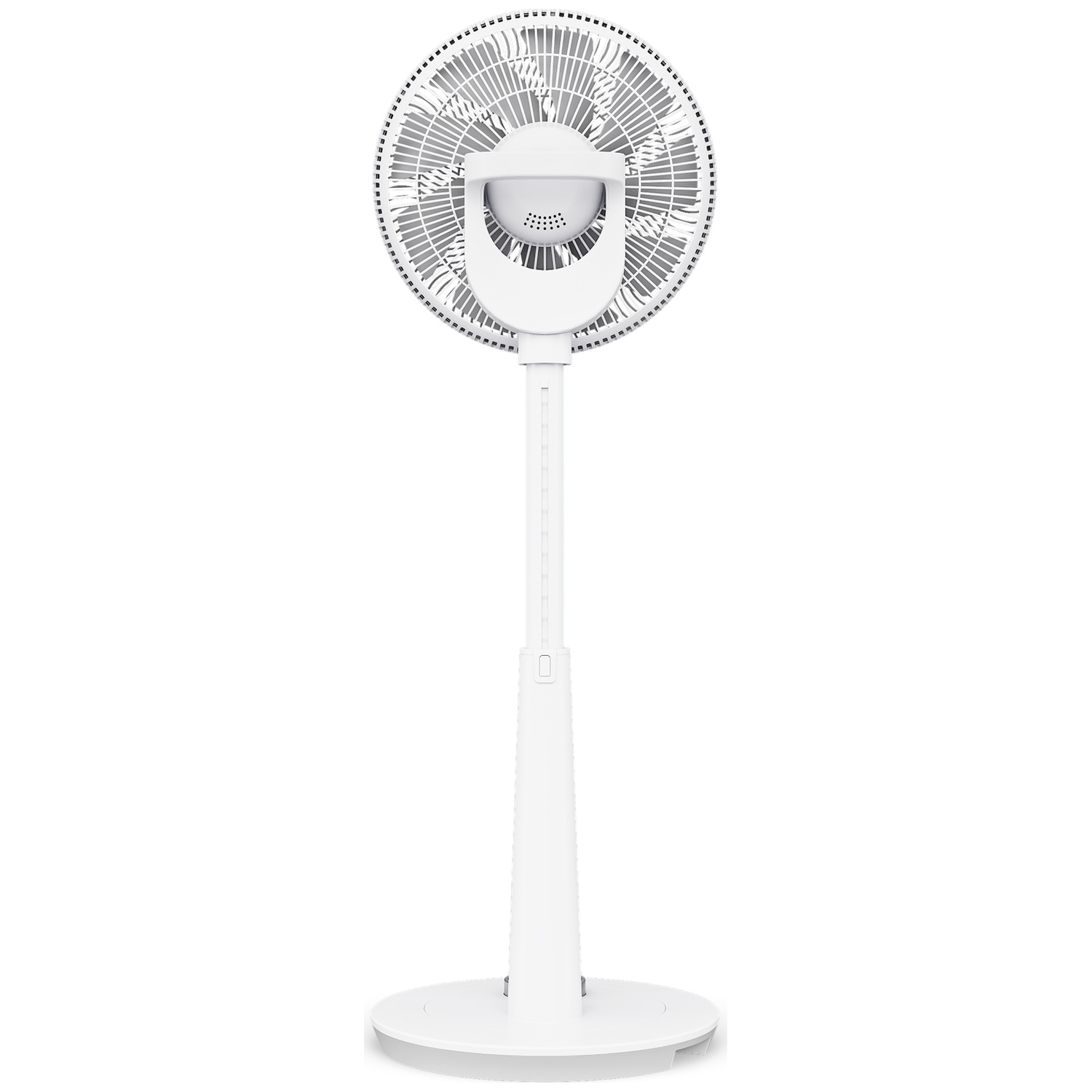 Un ventilateur sur pied blanc avec une base ronde et un mât réglable.