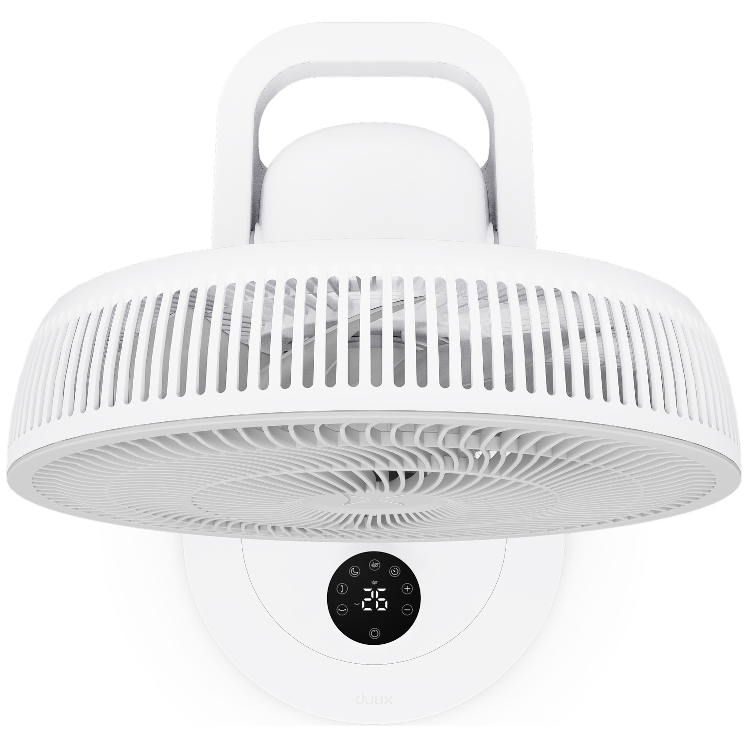 Un ventilateur blanc avec poignée et écran numérique. Il est montré de haut en bas.