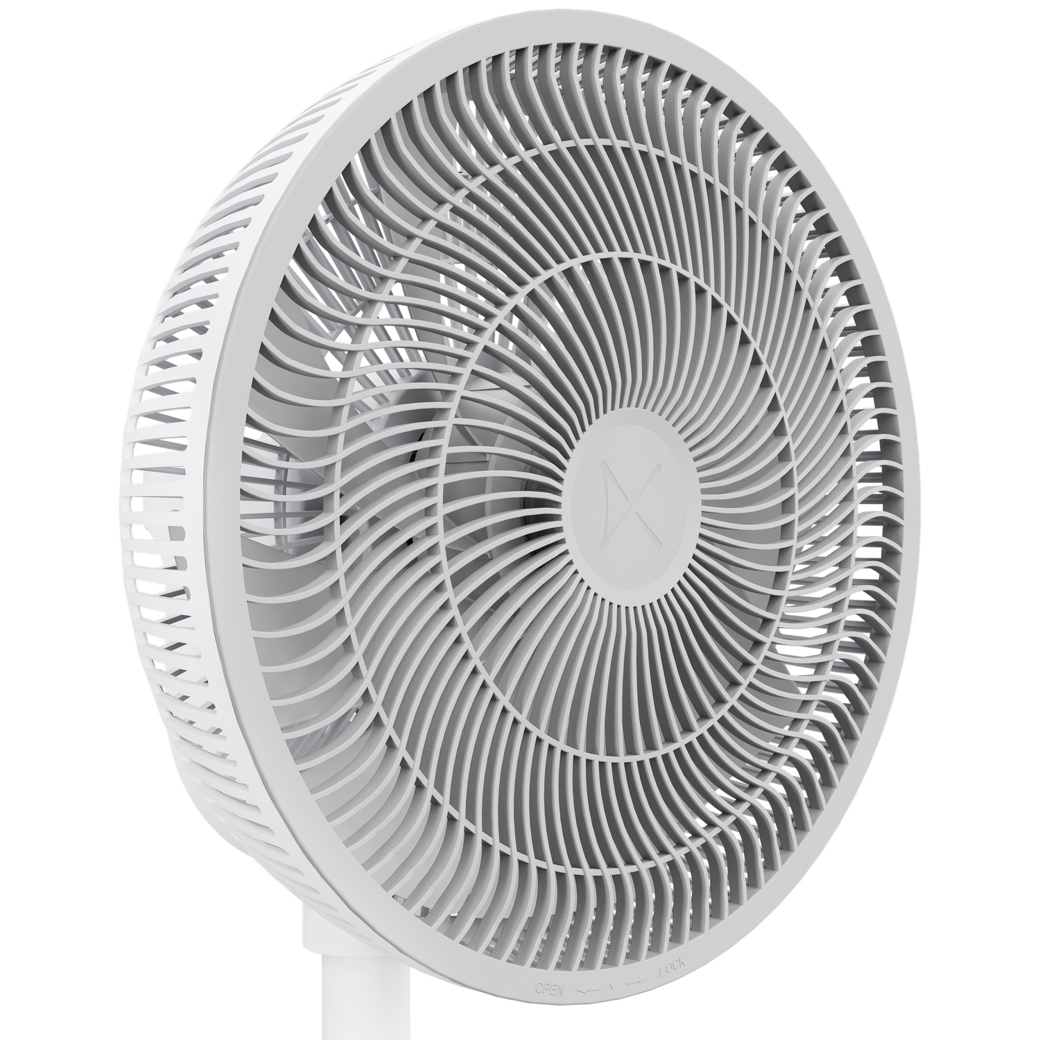 Un ventilateur blanc avec une grille ronde et un logo central.