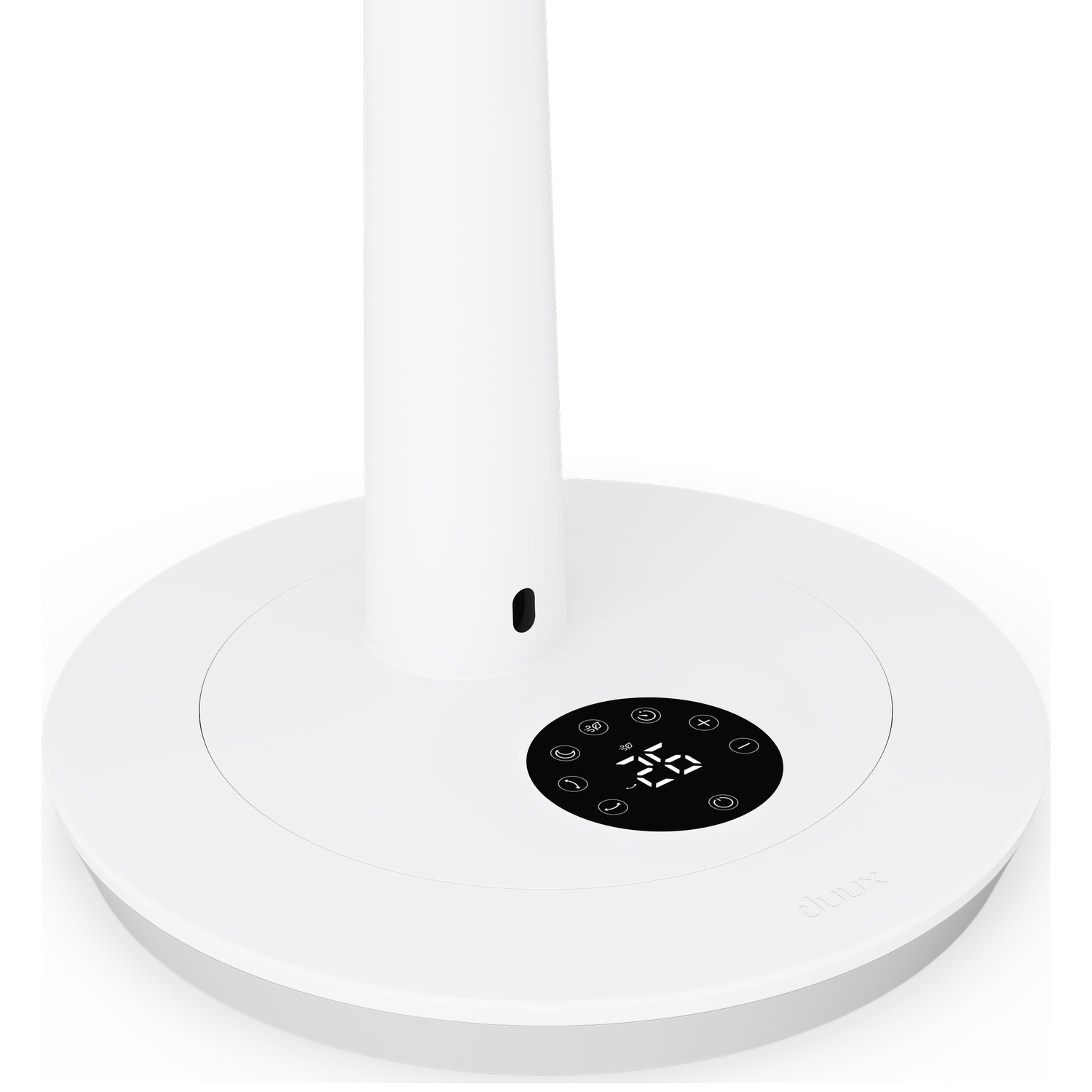 Lampe blanche avec écran numérique et boutons sur la base.