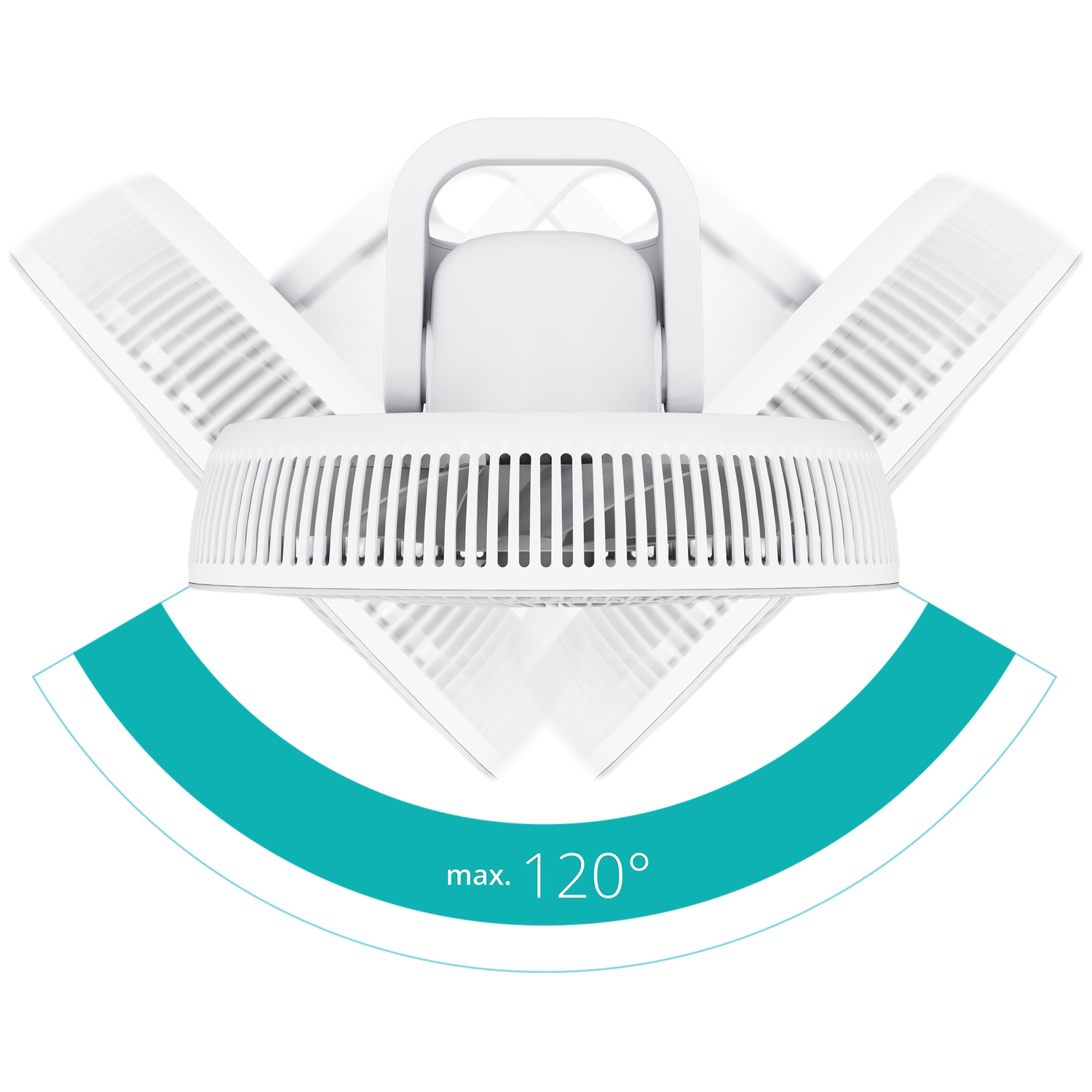 Ventilateur blanc à trois ailes réglables, couvrant un angle de 120 degrés.