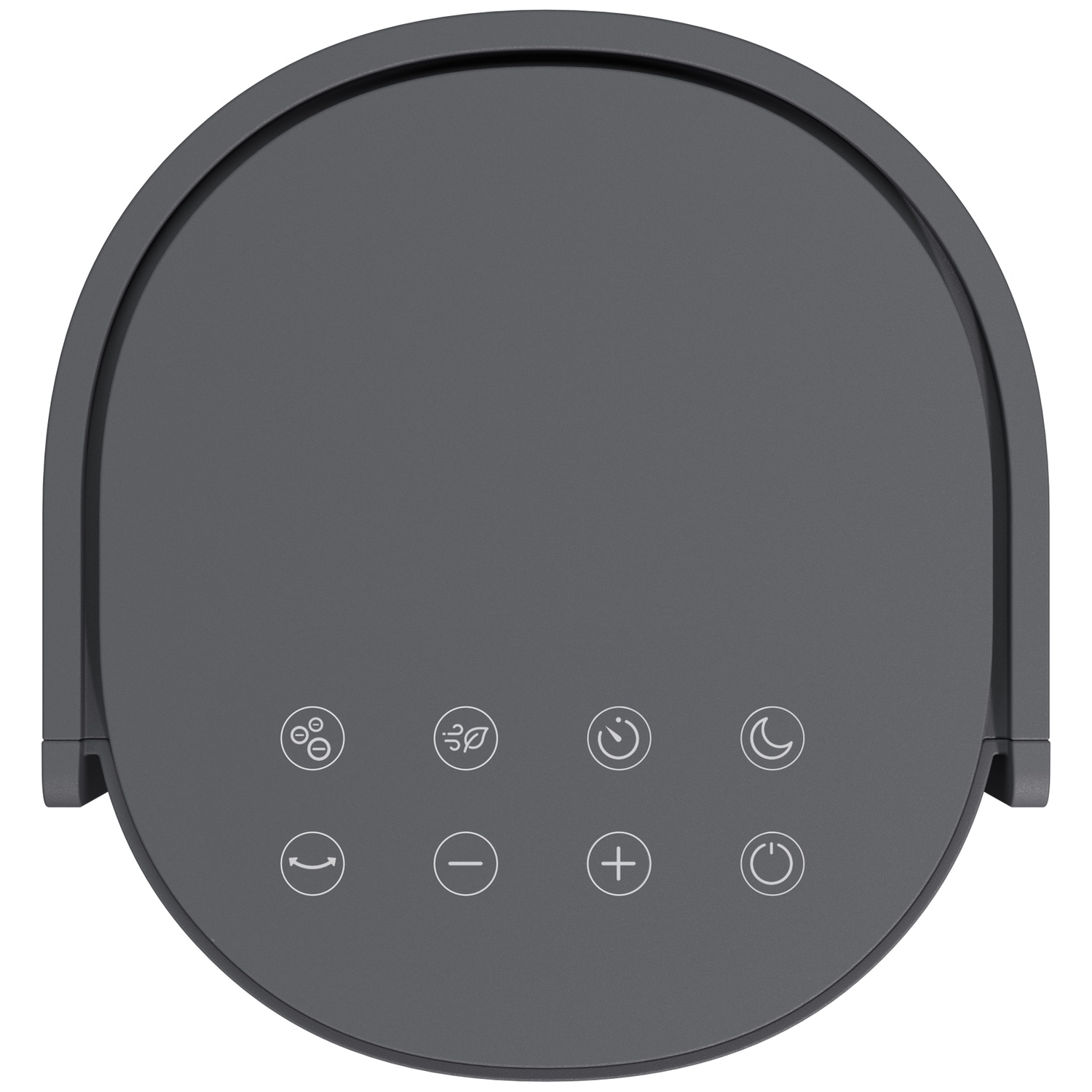 Vue de dessus d'un appareil gris avec des icônes illuminées: ventilateur, feuille, minuterie, lune, courbe, moins, plus, alimentation.