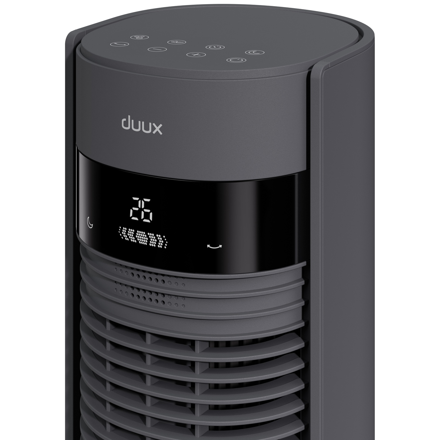 Ventilateur tour gris avec écran numérique, persiennes et boutons de commande.