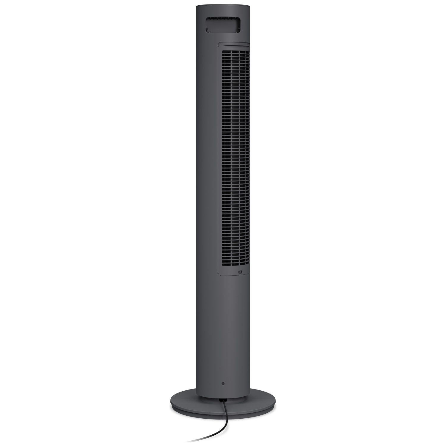 Un ventilateur tour sombre et élégant avec une base ronde et un cordon noir.