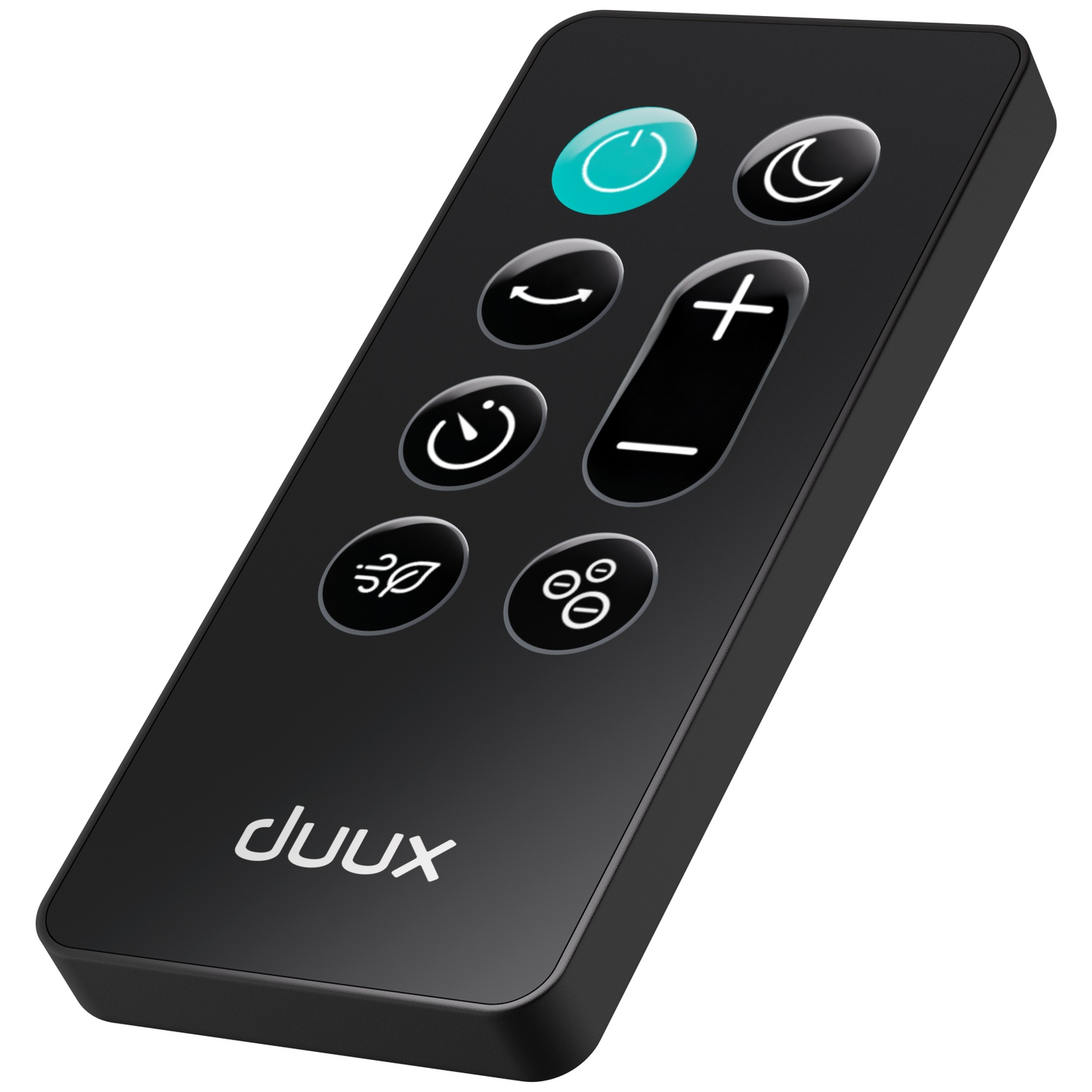 Télécommande noire avec boutons pour marche/arrêt, lune, minuterie, volume.
