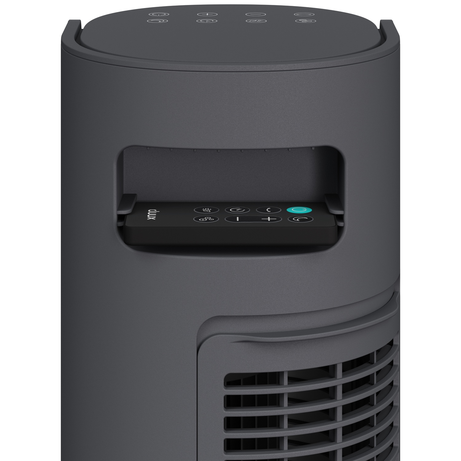 Ventilateur tour gris foncé avec télécommande dans un renfoncement.