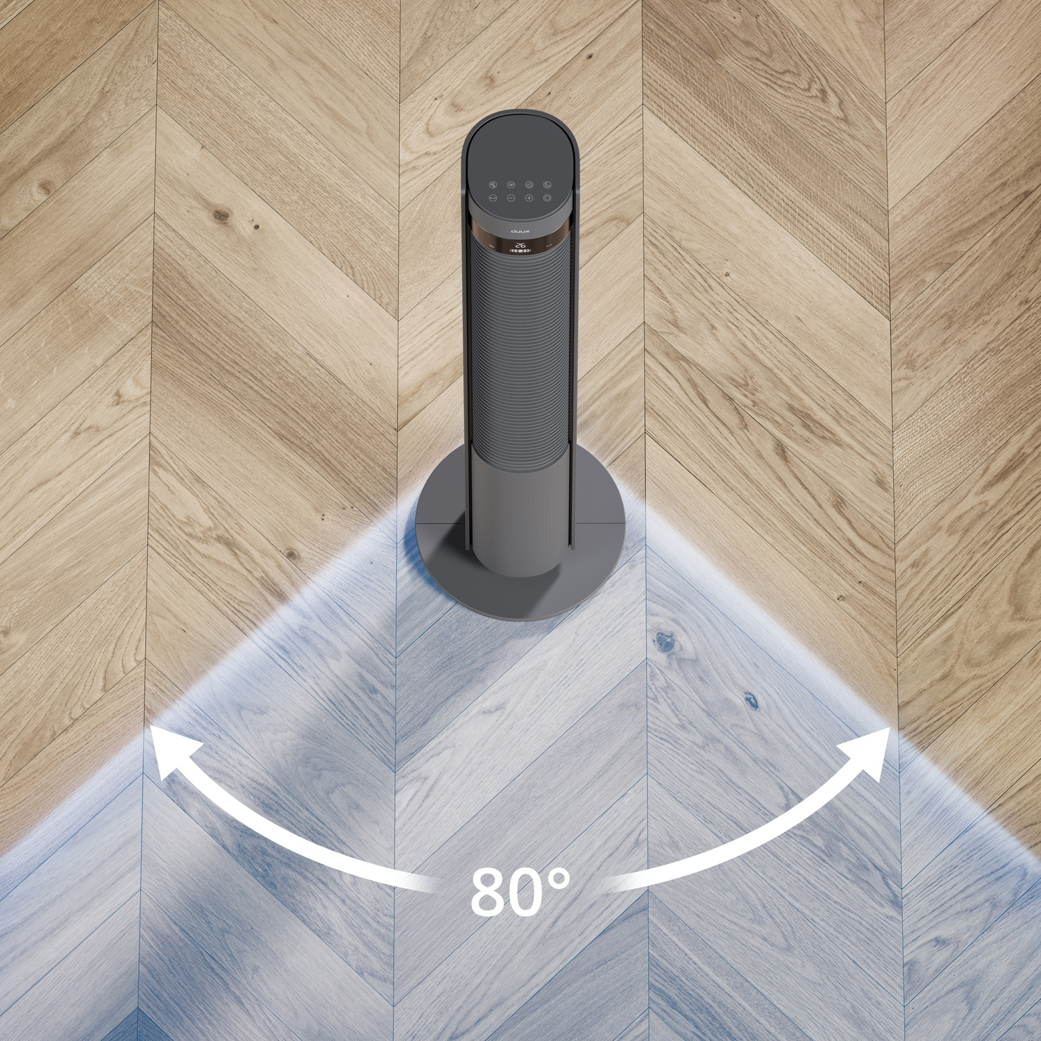 Un ventilateur tour gris sur parquet avec une plage d'oscillation de 80°.