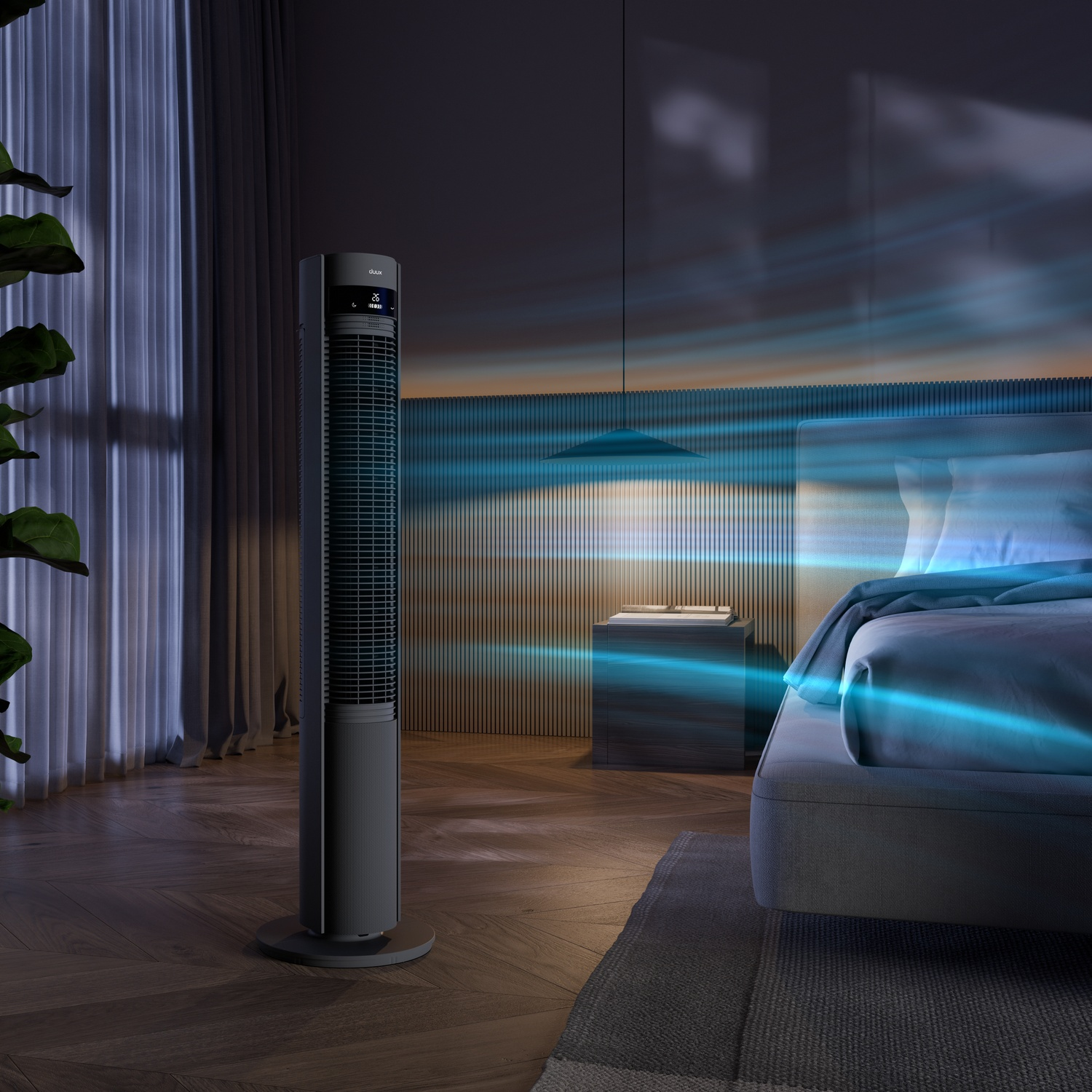 Un ventilateur tour sombre dans une chambre avec des lignes de flux d'air bleues.