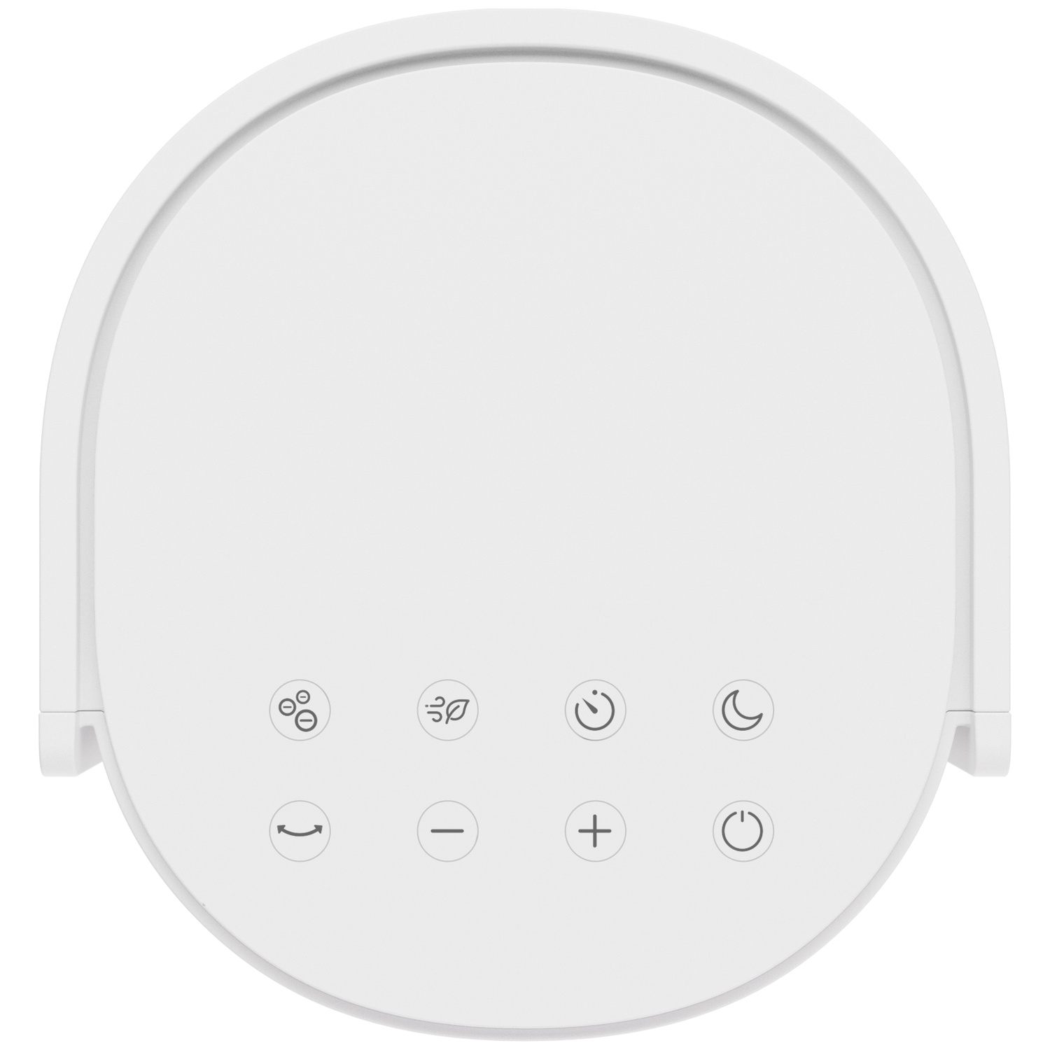 White surface with icons: fan, leaf, timer, moon, arrows, minus, plus, power.