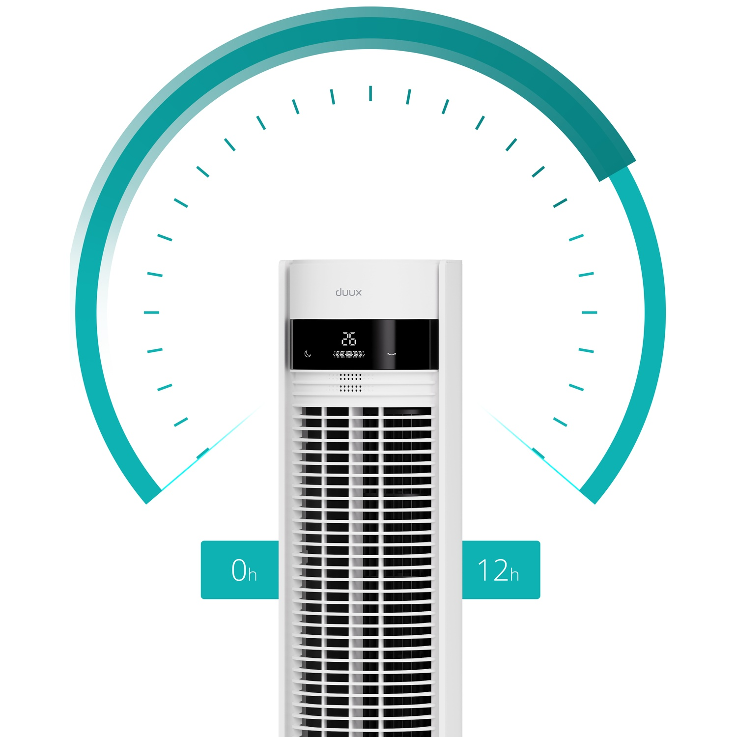 A white tower fan with a digital display and a semicircular timer.