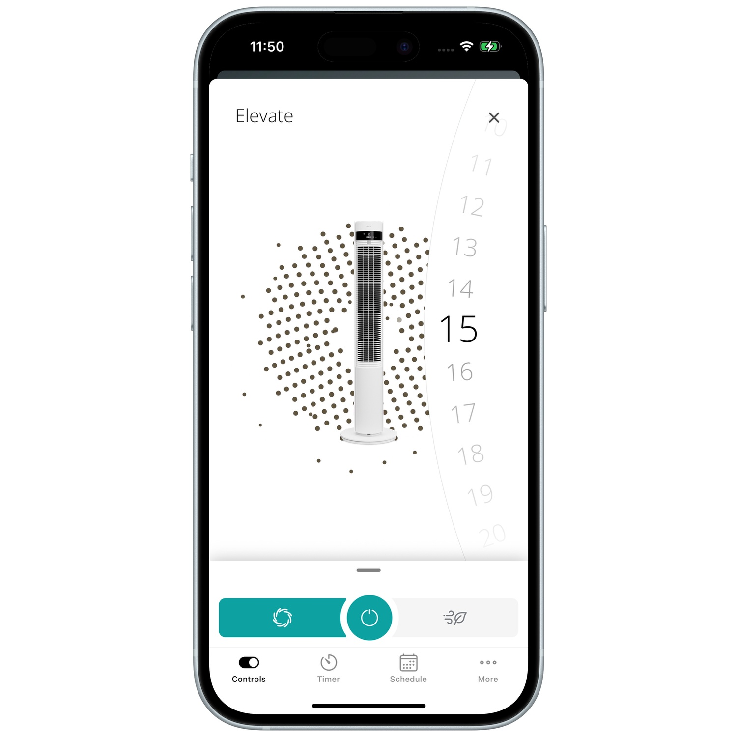 A white tower fan is displayed on a smartphone screen.