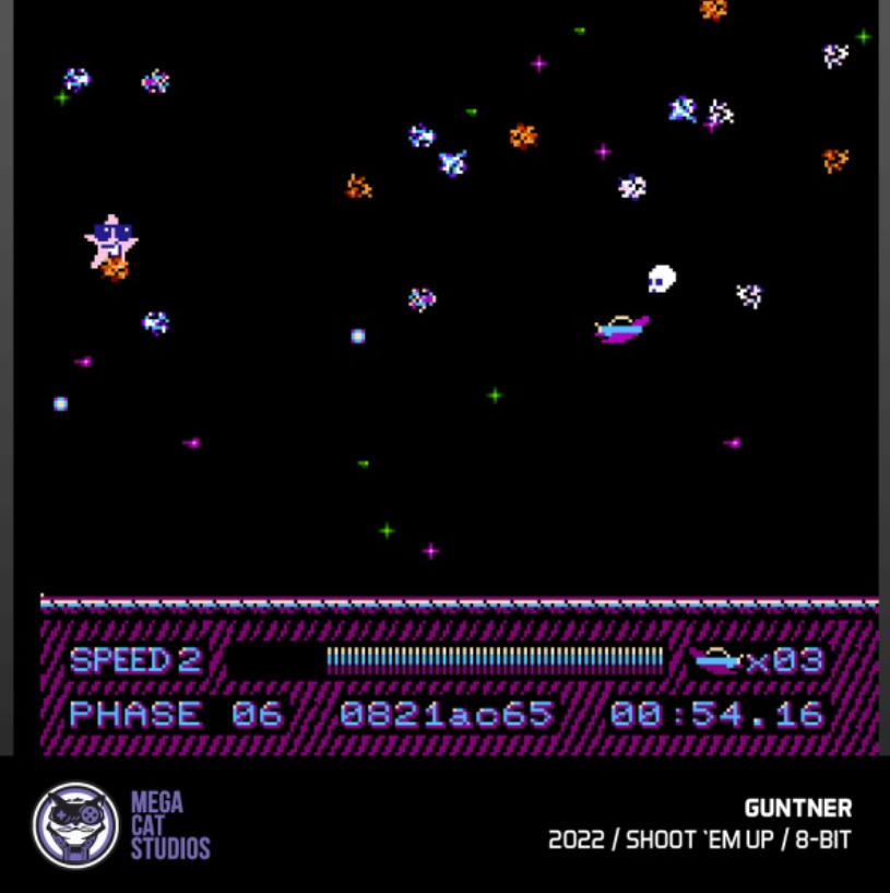 8-Bit-Weltraum-Shooter. Rosa Raumschiff weicht lila Alien-Schiff & orange Feinden aus.