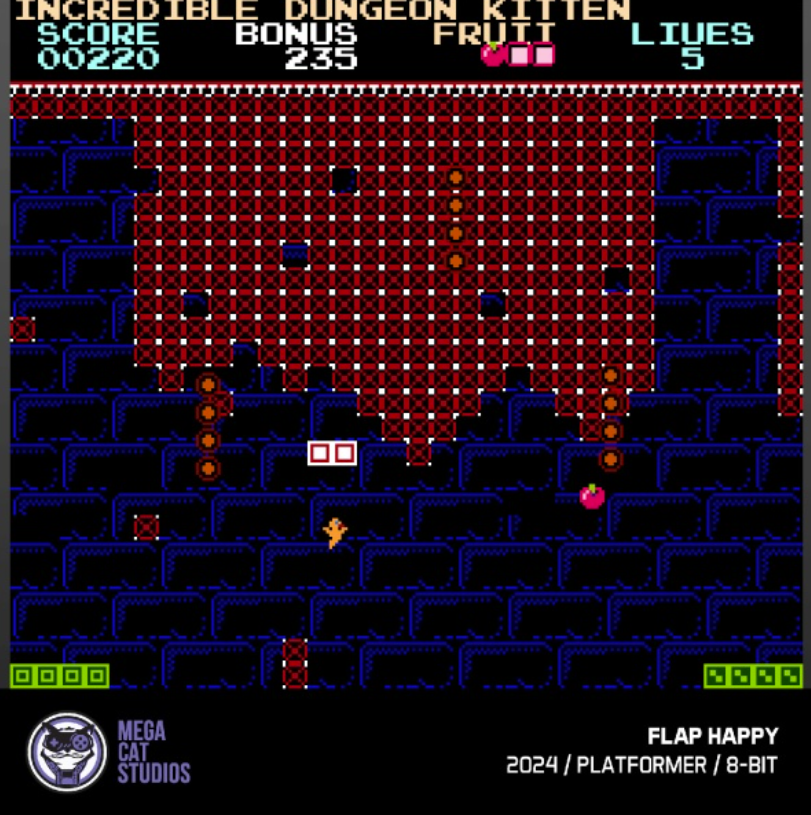 8-Bit-Spielbildschirm: Geistfigur springt über rote Ziegel, einen rosa Apfel und blaue Wände.