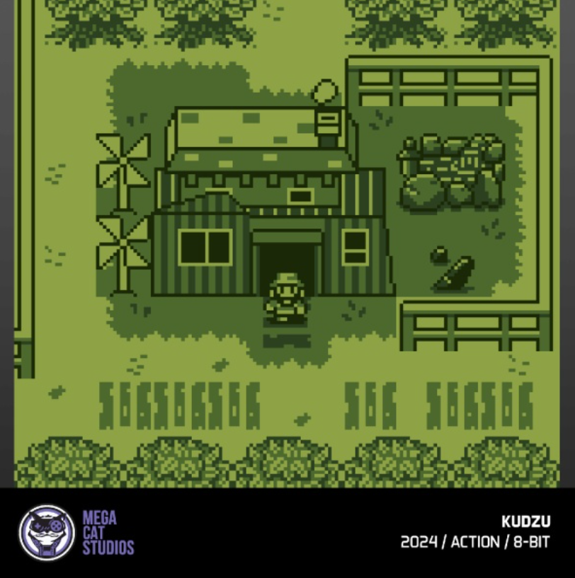 Ein 8-Bit-Charakter steht vor einem Haus mit zwei Windrädern und einem Zaun.