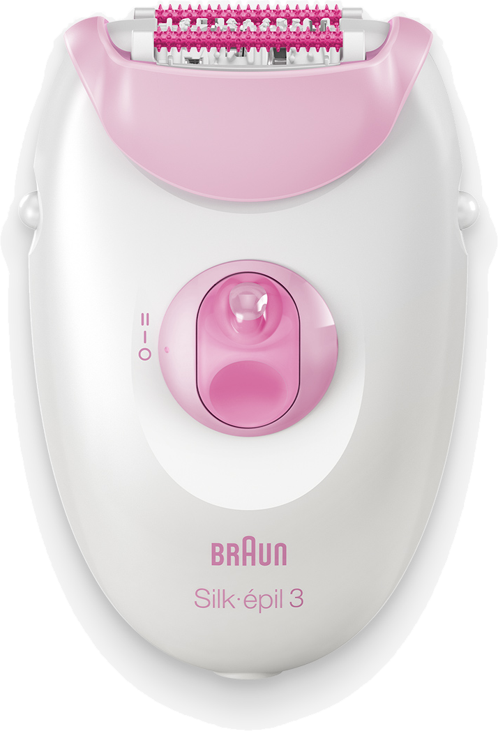 Egy fehér és rózsaszín Braun epilátor Silk-épil 3 felirattal.