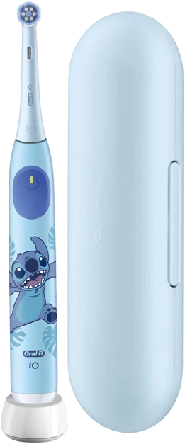 Kék elektromos fogkefe Stitch mintával és töltőtokkal.