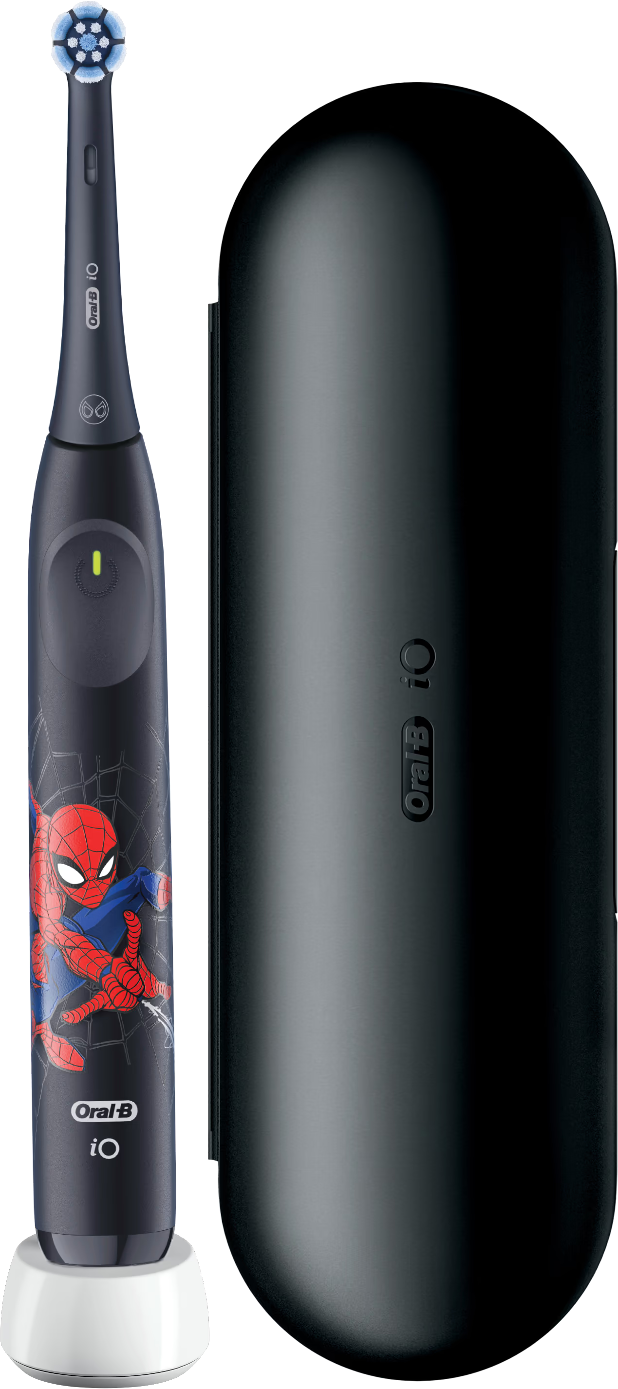 Sötétszürke fogkefe Spiderman mintával fehér töltőn, fekete tok mellett.