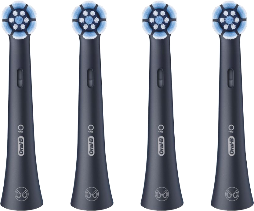 Négy sötétkék fogkefe fej kék sörtékkel és Oral-B logóval.