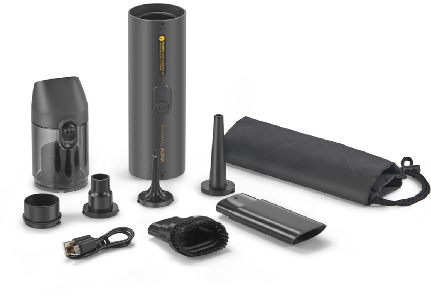 Egy sötét kézi porszívó tartozékokkal, beleértve a fejeket, USB-kábelt és egy táskát.