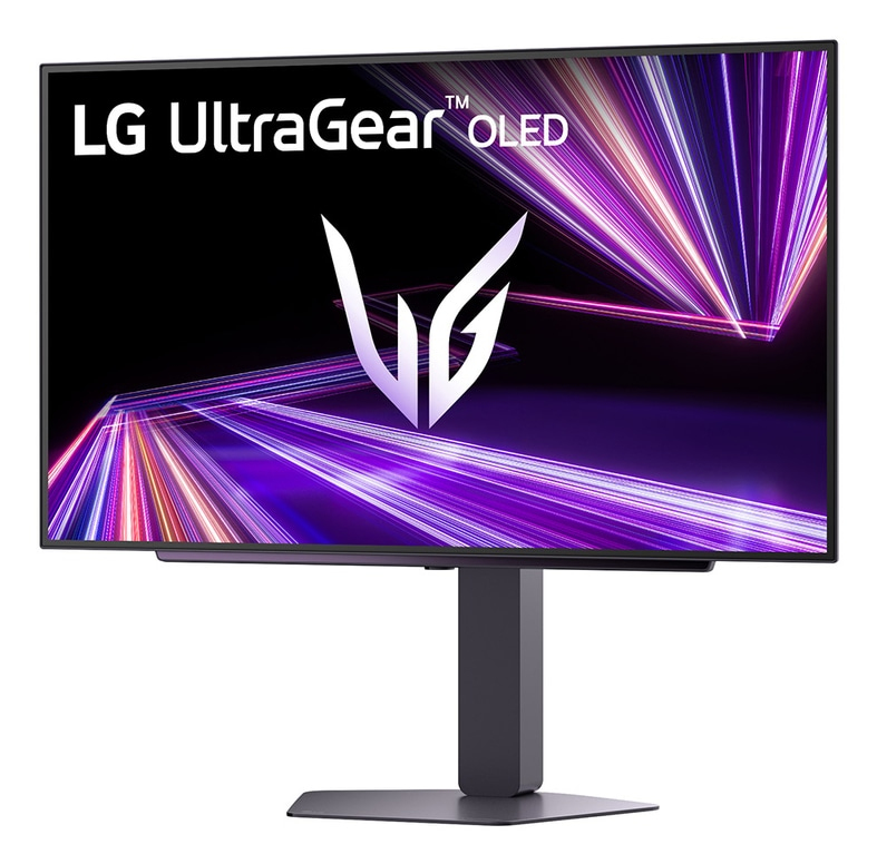 Monitor LG UltraGear OLED z stylizowanym logo LG i fioletowymi smugami światła.