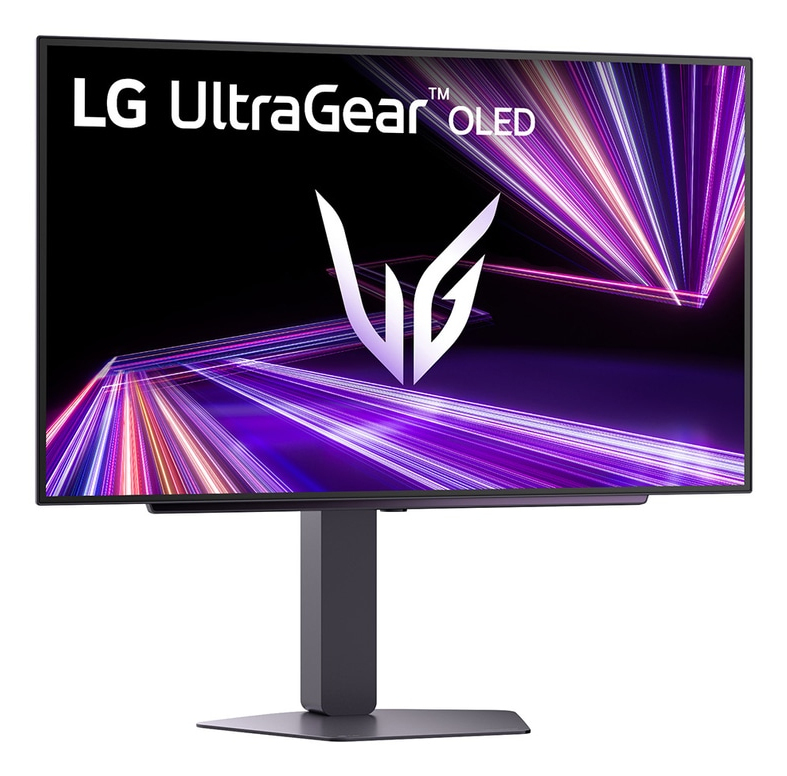 Monitor LG UltraGear OLED z stylizowanym logo LG i fioletowymi smugami światła.