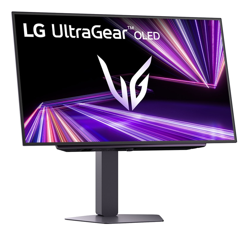 Monitor LG UltraGear OLED z stylizowanym logo LG i fioletowymi smugami światła.