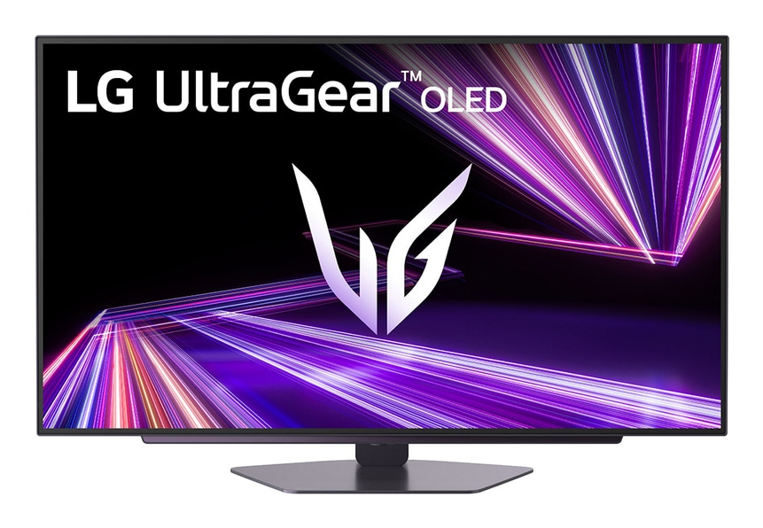 Monitor LG UltraGear OLED z białym logo i fioletowymi efektami świetlnymi.