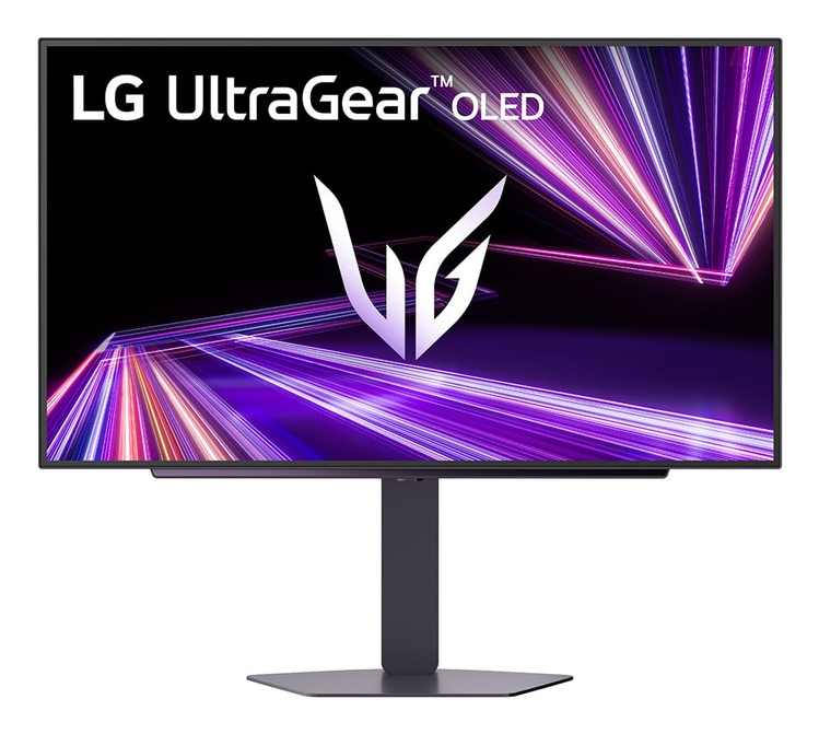 Monitor LG UltraGear OLED z fioletowymi promieniami światła i białym logo.