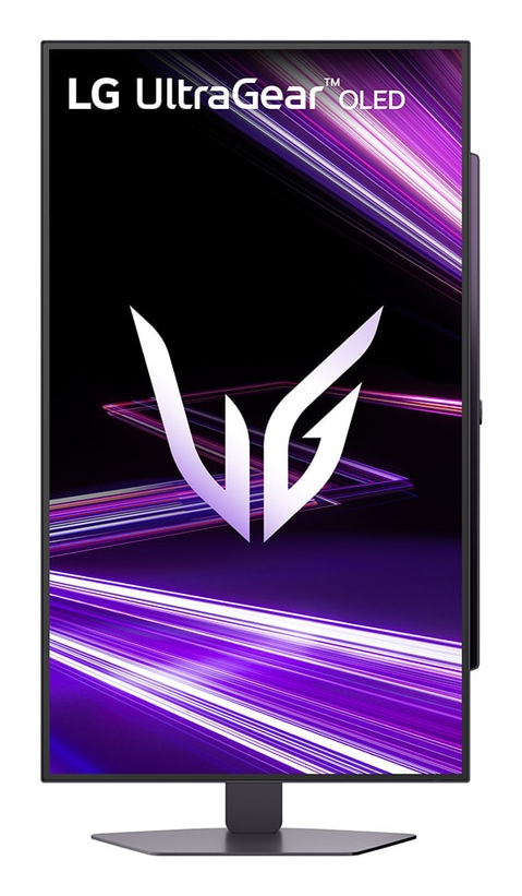 Pionowy monitor LG UltraGear OLED wyświetla stylizowane fioletowe logo i smugi światła.