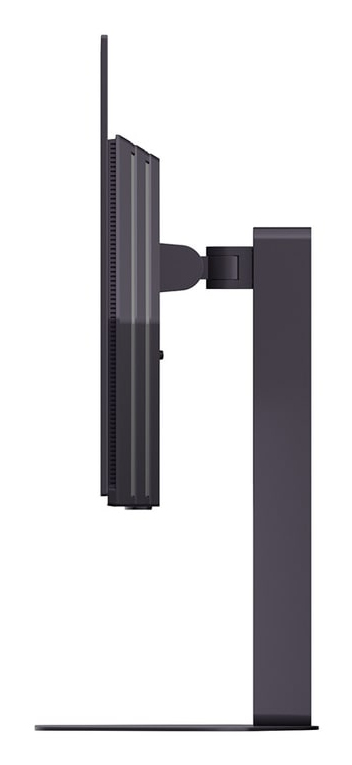 Ciemny monitor komputerowy na stojaku, widziany z boku.