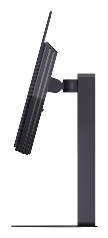 Ciemny monitor komputerowy na stojaku, pokazany z boku.